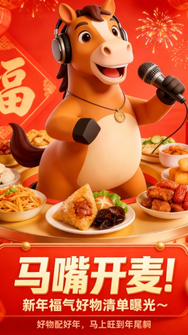 主标题：马嘴开麦！新年福气好物清单曝光～
马的 “发声文案”：“嗒嗒嗒！带着好运来推荐～ 实用不踩雷，划算到跺脚，把整年的福气都囤回家，过年氛围感直接拉满！”
副标题：好物配好年，马上旺到年尾🧧预览效果