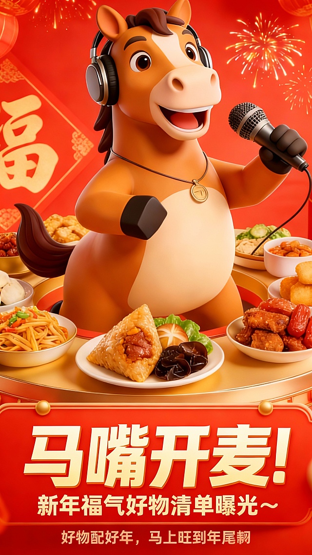 软3D拟人马戴耳机持麦，国潮风餐桌满载年味美食，鎏金文字喜庆吸睛，卡通感十足的春节贺岁海报。