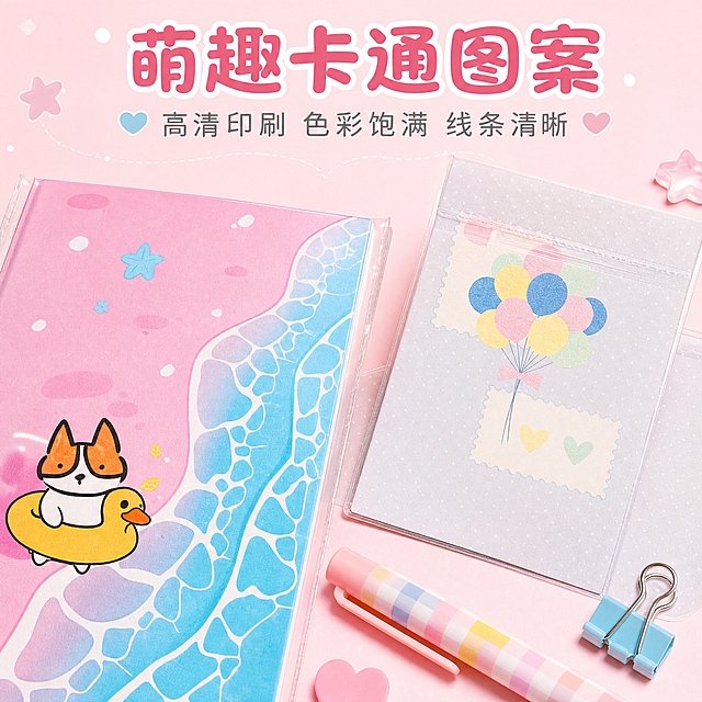 [主图-2] 核心卖点展示图，突出萌趣卡通图案和高清印刷品质。
[统一基调] 抖音电商1:1主图，清新可爱少女风，马卡龙粉蓝配色，字体用圆润可爱无衬线体，主标题字色为深粉色，辅助字色为浅灰色，强调色为天蓝色，整体干净明亮有质感。
[画面] 浅粉色渐变背景，左侧放大展示柯基小黄鸭贴纸图案细节，右侧展示气球款贴纸图案，贴纸从包装中取出部分展示，旁边摆放一支彩色手账笔和小夹子作为装饰道具，产品占画面约70%，构图饱满有层次。
[光影质感] 柔和自然光质感，主光从左上方来，贴纸表面有细腻光泽，图案线条清晰，色彩鲜艳饱和，阴影柔和自然。
[配色] 浅粉色渐变背景，搭配天蓝色点缀，产品原色呈现。
[文字版式] 顶部大标题「萌趣卡通图案」，下方小字「高清印刷 色彩饱满 线条清晰」，文字放在画面上方负空间，不遮挡贴纸主体图案。
[输出要求] 1:1正方形，2K高清，产品清晰不变形，文字清晰可读，无水印无平台logo，负向：模糊、变形、错字、杂乱、水印、抖音logo。
