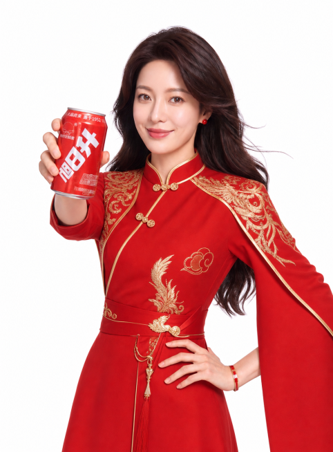 给图中女性换上图2和图3中的红色状元服装，保留人物原有的姿势造型、手中的旭日升饮料罐，保持时尚洋气，生成高清晰可印刷的大图预览效果