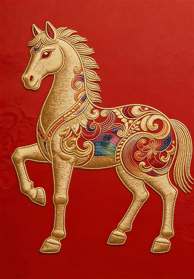 中式刺绣风格的金马，融合工笔细腻与重拟物造型，浮雕质感突出，红底衬托喜庆氛围，尽显民族韵味。