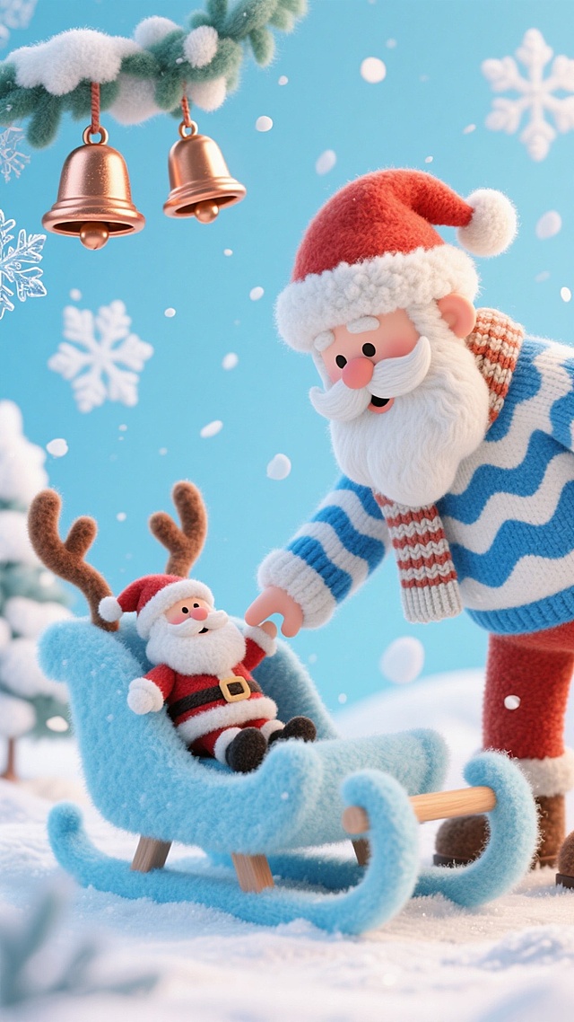 软3D粘土风格，卡通圣诞老人与迷你雪橇上的小圣诞人互动，蓝色毛线雪橇、飘雪与铃铛营造温馨喜庆氛围，充满可爱与趣味感。