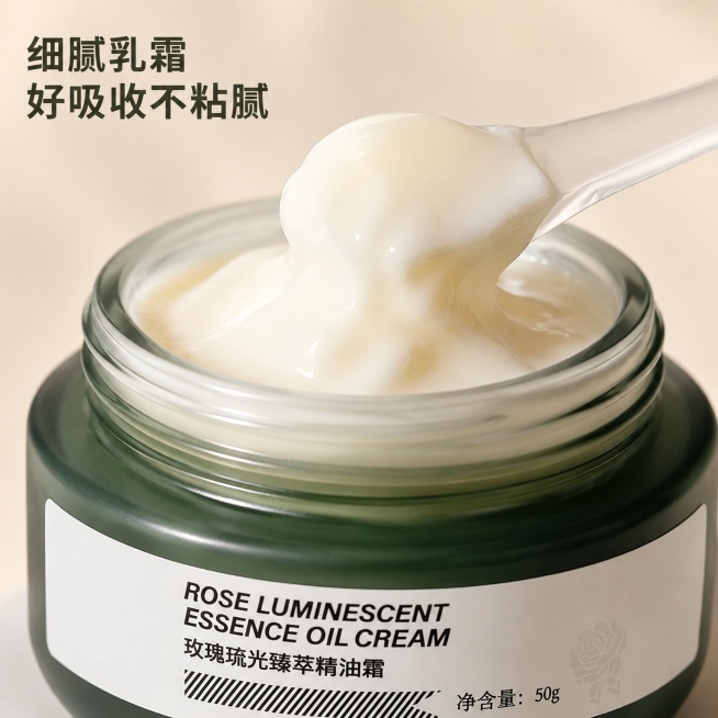「图片1」，生成一套主图（5张），商品名称是玫瑰琉光臻萃精油霜，卖点是精研植物养肤成分，给予肌肤精准营养灌输，层层沁润肌肤，适配淘宝/天猫平台，主图比例为1:1「图片1」预览效果