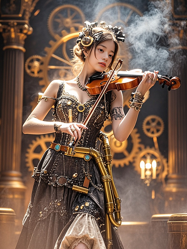 复古蒸汽波风，机能元素融合，齿轮背景与烟雾营造神秘氛围，演奏者身着精致服饰，展现独特魅力。