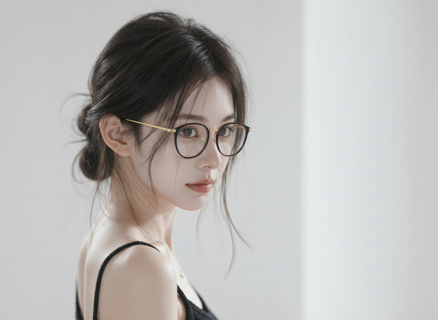 为图一佩戴上图二图三的黑色方框眼镜，保持模特不变，眼镜细节保留清晰可见，眼镜结构区分清晰，镜片于图片融合自然预览效果