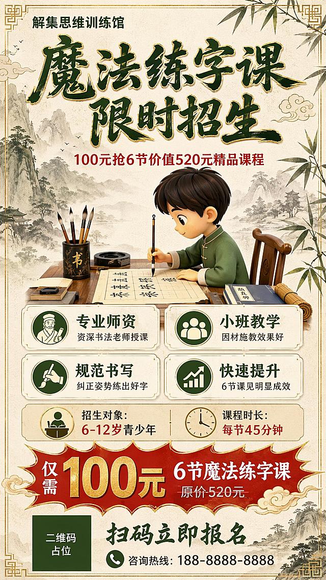 中式国学风书法练字课程招生海报，竖版9:16，米色宣纸质感背景，搭配淡墨山水、竹叶、毛笔、祥云纹装饰元素，整体典雅大气。

顶部左上角机构名称："解集思维训练馆"，墨绿粗体小字。

画面中上部超大主标题："魔法练字课 限时招生"，书法字体，墨绿渐变金色描边，视觉焦点。
主标题下方副标题："100元抢6节价值520元精品课程"，红色粗体字。

主视觉区域：一个正在认真练字的卡通小学生侧面形象，手持毛笔，面前铺着宣纸，旁边有笔墨纸砚文房四宝，3D卡通风，人物可爱生动。

中部课程亮点区，四个圆角白底卡片横排两行两列，每卡配小图标：
"专业师资" 资深书法老师授课
"小班教学" 因材施教效果好
"规范书写" 纠正姿势练出好字
"快速提升" 6节课见明显成效

中下部招生对象信息卡，米色圆角卡片：
"招生对象：6-12岁青少年"
"课程时长：每节45分钟"

下部价格优惠区，红色爆炸贴形状突出显示：
"仅需100元" 超大字号金色数字
"6节魔法练字课"
"原价520元" 灰色划线小字

最底部区域：左侧二维码占位符（纯色方块中央标注"二维码占位"文字），右侧"扫码立即报名"引导语 + 联系电话占位。

配色：主色墨绿#2D5016，辅色米色#F5F0E8，点缀金色#C9A96E和红色#C11C1D，整体中式典雅风格。
版式精美，层级分明，四周留安全边距，所有文字清晰可读。

画面中所有数字必须精确渲染，不得错位、遗漏或编造："100元"、"6节"、"520元"、"6-12岁"、"45分钟"。

画面中所有信息区域、课程卡片、亮点列表必须填充完整合理的内容，不得出现空白框、空白占位、横线待填写区域、空列表项、空单元格，确保是完整可用的成品海报而非待填写模板。

画面中所有二维码区域使用纯色方块占位符呈现，方块中央标注"二维码占位"文字，严禁生成任何可识别的二维码图案。
