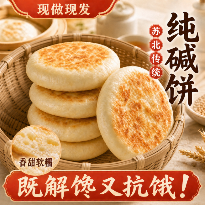 把装饼的容器换成大竹筐，利用大竹筐的尺寸对比，更凸显饼本身很大，保留所有原有文案和整体构图不变预览效果