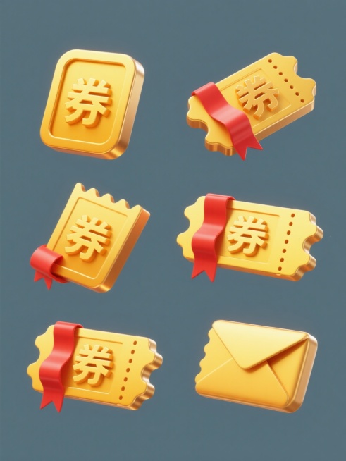 一组6个造型各异的金色优惠券图标，均保持相同的3D立体风格、光滑金属质感、明亮黄色渐变、细腻高光和阴影效果，每个券都有红色飘带装饰，包含“券”字核心元素，采用不同的券形设计（如方形、圆角矩形、梯形、波浪边、票根形、信封形），规整排布在纯色背景上，整体视觉统一且富有层次感，传达出优惠、奖励的氛围。预览效果