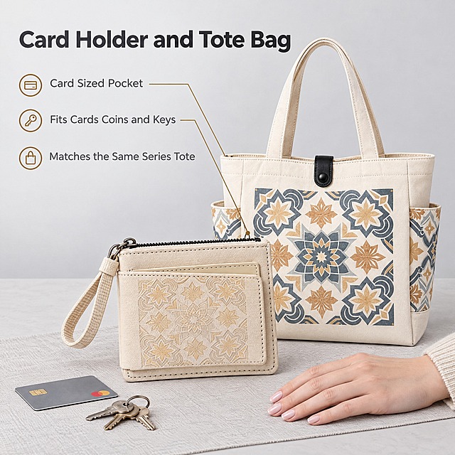 [主图-5] Moroccan Canvas Card Holder 的系列合影与尺寸参照图，唯一任务是让买家通过真实参照物判断卡包大小，并看清与同系列托特包的搭配关系。
[统一基调] 跨境 Amazon 极简高级商业摄影，浅灰至米白背景主色，柔和自然光，真实帆布质感；标题字=现代无衬线粗体、深炭灰；说明字=同一无衬线字体常规字重、中暖灰；强调色=暖棕金，仅用于细线引线与小标签；组件=细线引线、圆角浅底信息卡、细线分隔；全套同色系不轮换主色。
[画面] 1:1 正方形构图；浅灰极简台面上，米白帆布卡包（外观与 【图1】 一致，保留拉链、织带挂绳、卡位与摩洛哥几何暗压纹）位于画面前方，同系列米白帆布托特包（外观与 【图2】 一致，保留蓝金几何花砖图案、黑色按扣与提手）位于后方略偏右；两件产品都自然融入场景，无白底残留、无悬浮感；卡包左侧平放一张标准信用卡与一把钥匙作为真实大小参照，一只欧美成年女性的手轻按在台面靠近卡包处，手指数量与结构正常；背景为浅灰渐变墙与浅灰亚麻桌垫。
[光影质感] 柔和自然顶侧光，帆布织纹与黑色明线清晰，卡包与台面、手提包之间投影关系真实。
[配色] 沿用统一基调，浅灰与米白为主，暖棕金仅出现在标注线与图标上。
[文字版式] 左上留白英文标题 "Card Holder and Tote Bag"；三条英文短标注加细线引线指向对应部件，横排："Card Sized Pocket"、"Fits Cards Coins and Keys"、"Matches the Same Series Tote"；不标注任何未经验证的具体尺寸数字，文字不遮挡产品。
[输出要求] 比例 1:1 正方形，2048x2048；文字清晰横排、无逗号、无中文；产品结构一致、无变形、无错字、无水印、无平台 Logo、无多余手指。