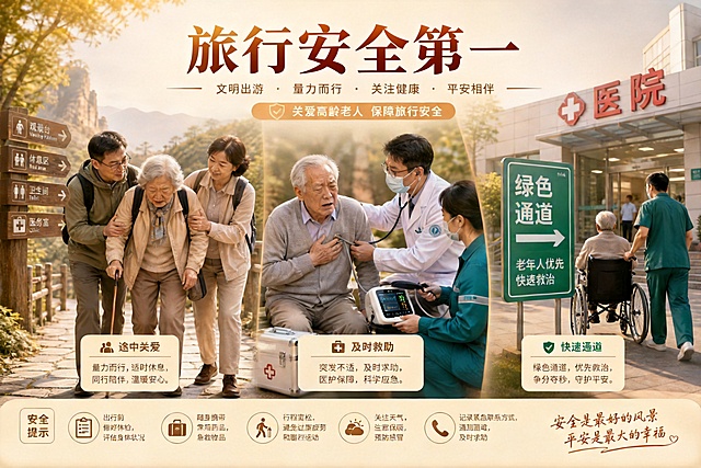 修改这张老年人旅行安全海报，将主标题改为'旅行安全第一'，保持整体画面布局、内容风格和3:2比例不变，分辨率2K