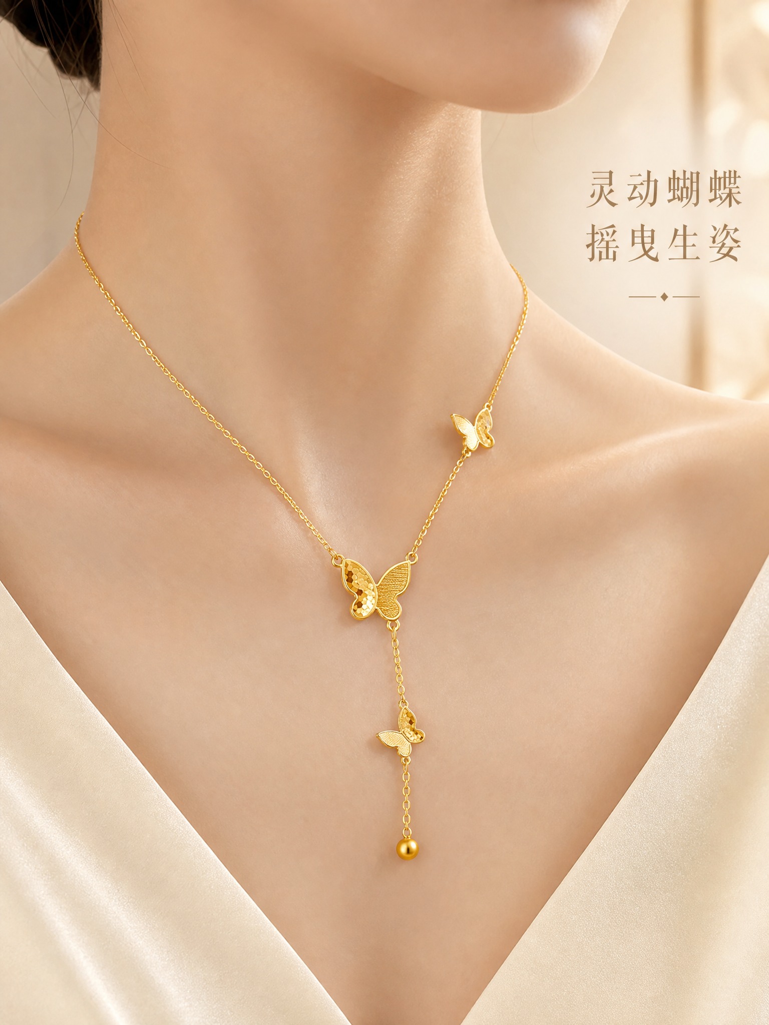[主图-2] 北臣蝴蝶流苏黄金项链 佩戴效果展示 突出上身美感… - 图片创意预览