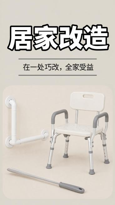 保留原图整体构图、浅米色背景、所有文字标题、字体样式和排版完全不变，仅替换下方展示商品为：洗澡椅、扶手、鞋拔子，移除原来的鞋子和其他无关物品，保持整体布局和风格一致，其他文字配色全部不变，尺寸保持宽2预览效果