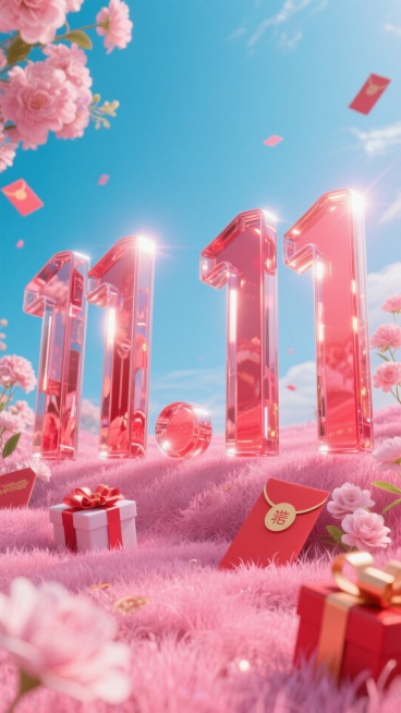 红色玻璃立体字 “11.11”置于粉色草地场景中 。周围环绕花朵、礼盒、购物红包等元素，粉蓝色背景预览效果
