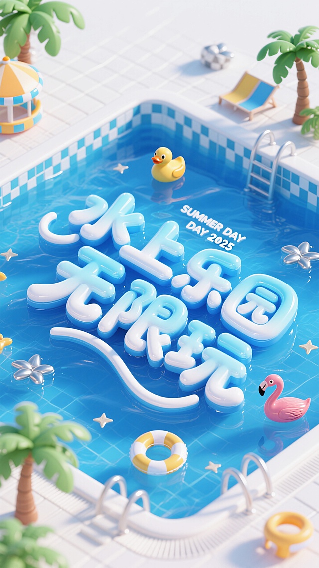 清新3D微缩艺术风，泳池派对场景，夏日主题设计。