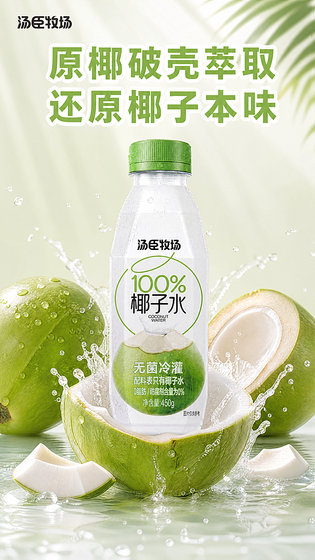 [单张主图] 汤臣牧场椰子水饮料，生成9:16竖版高级氛围感主图，参考第二张图的背景配色和干净通透感，突出产品天然健康清爽的卖点，打造夏日食欲感。
[画面主体] 核心主体为汤臣牧场椰子水饮料，透明瓶身搭配绿色瓶盖，瓶身标签为白绿配色，瓶身带有晶莹水珠；瓶身被切开的青椰子半包裹，周围散落完整青椰子和椰肉块，搭配飞溅的透明椰汁水花，动感十足。保持产品外观、品牌logo、文字信息与输入产品图绝对一致，杜绝任何变形和色差，精细化处理。主体产品位于画面中心偏下位置，商品主体占比约55%。
[构图版式] 采用顶部大标题型，竖版9:16构图，三段式结构：顶部约25%区域放置主标题，中部约60%区域展示产品主体和椰子搭配，底部约15%区域预留空间，整体视觉重心稳定，层次分明，所有元素围绕产品展开，突出产品主体。参考第二张图的背景渐变和光影效果。
[场景元素] 背景为干净柔和的浅薄荷绿渐变背景，和参考图[image2]背景配色一致，搭配淡淡的丁达尔光影效果，右上角点缀淡绿色棕榈叶，整体背景简洁干净，不抢主体视线，营造清爽夏日氛围，整体画面无多余杂物，保持参考图的干净通透感。
[文案版式] 顶部大标题为绿色粗体字，带白色描边，字体清晰醒目："原椰破壳萃取 还原椰子本味"，参考原图字体风格，和整体风格适配，大标题居中放置。左上角安全区保留"汤臣牧场"品牌标识，字形颜色比例与产品一致。
[光影质感] 写实电商摄影风，高清8K质感，光线明亮通透，参考图的柔和丁达尔光影，主光为正面柔光突出产品质感，辅光为侧逆光勾勒椰子和水花轮廓，光影柔和干净，瓶身水珠晶莹剔透，椰肉纹理清晰，水花效果通透自然，所有元素质感真实，色彩鲜亮有食欲，呈现和第二张图一致的干净清爽ins高级感。
[配色字体] 整体参考[image2]，以浅薄荷绿、奶白色为主色调，搭配深绿色作为文字和椰壳点缀，黑色文字辅助，整体色调柔和清新，无多余杂色，突出产品天然健康的清爽感。字体采用粗体无衬线，主标题字号最大，字重够粗，绿色文字带白色描边保证清晰易读。
[比例分辨率] 9:16比例，4K分辨率，文字清晰可辨，超高清画质。
[负向提示词] 变形，水印，文字错乱，产品图模糊，背景杂乱，错字，伪Logo，主体遮挡，低清晰度，错误结构