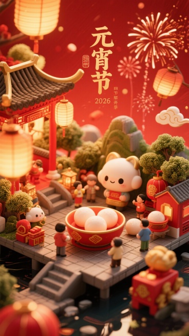 2026年元宵节手机海报  
3D立体国潮风  
红金配色  
立体灯笼 汤圆 祥云 烟花  
高质感 光影效果  
喜庆 节日氛围预览效果