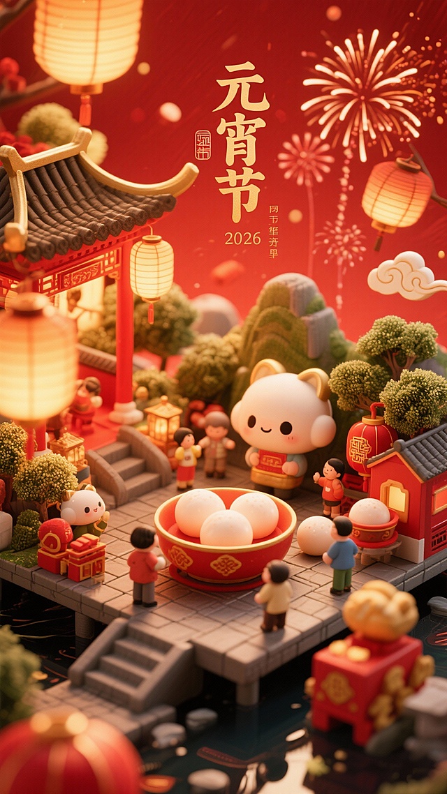 2026年元宵节手机海报  
3D立体国潮风  
红金配色  
立体灯笼 汤圆 祥云 烟花  
高质感 光影效果  
喜庆 节日氛围