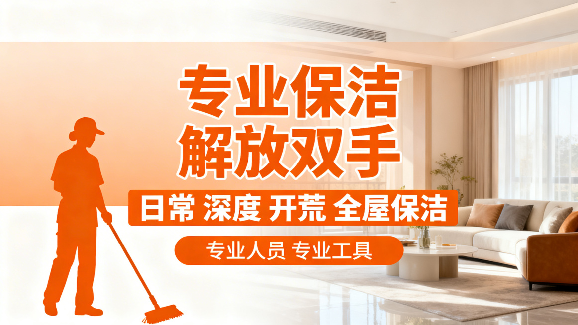 制作一张保洁服务宣传图，背景以橙色和白色为主，图片有层次感，版型干净简洁，包含文字："专业保洁 解放双手" "日常 深度 开荒 全屋保洁" "专业人员 专业工具"，要求字体突出，所有标点符号替换为空格预览效果