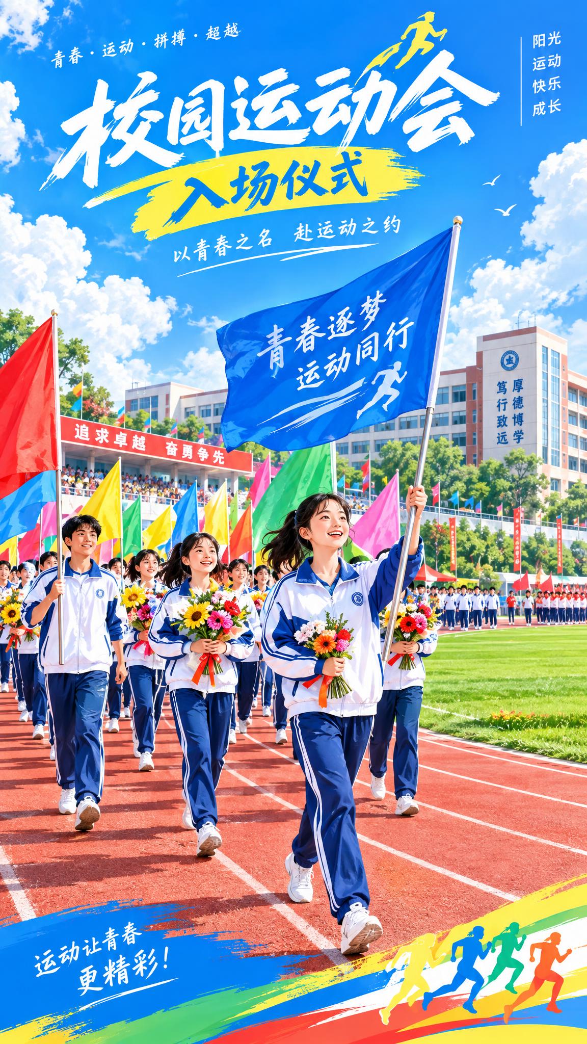 校园运动会入场仪式主题海报，竖版构图，青春活力风格。画面描绘学… - 图片创意预览