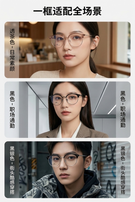 2:3 竖版电商详情图，严格还原上传的10张参考产品图，包括包装设计、颜色、LOGO位置、文字内容、图案元素等所有细节；产品外观必须与参考图完全一致，保持真实质感。分场景搭配三色：透茶色日常素颜、黑色预览效果