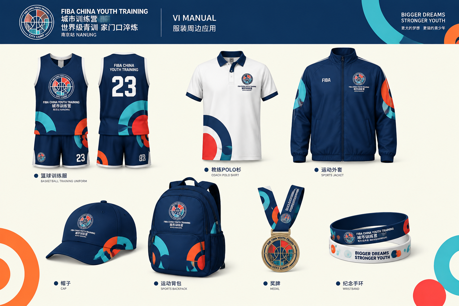 FIBA城市训练营第二版VI手册-服装周边应用页。页面展示服装… - 图片创意预览