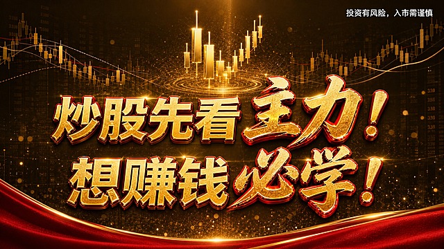 参考图风格：黑金高端金融海报风格，深棕金色渐变背景，中央一组金色发光K线柱体向上突破，周围环绕金色K线图和均线，实盘数据网格背景，金色粒子飘散，底部红色丝绸波浪装饰带金边，高端金融氛围。画面中央两行大标题文字，第一行"炒股先看主力！"，第二行"想赚钱必学！"，标题为金色立体艺术字，带有红色描边和光效，"主力""必学"关键字视觉突出，标题字体配色多样协调。右上角白色小字风险提示："投资有风险，入市需谨慎"。除标题和风险提示外不添加其他文案。16:9横版构图，公众号封面，高清精致。