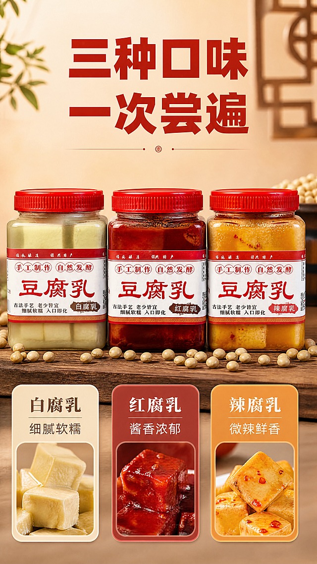 三瓶组合展示详情页，9比16竖版。顶部标题：三种口味 一次尝遍，红色粗黑体。中间三瓶豆腐乳并排站立，从左到右：白腐乳、红腐乳、辣腐乳，透明方瓶红瓶盖，瓶身标签清晰。底部三个口味标签：白腐乳（细腻软糯）、红腐乳（酱香浓郁）、辣腐乳（微辣鲜香）。背景浅棕色渐变，中间有黄豆散落点缀。商业产品摄影质感，光线明亮。
