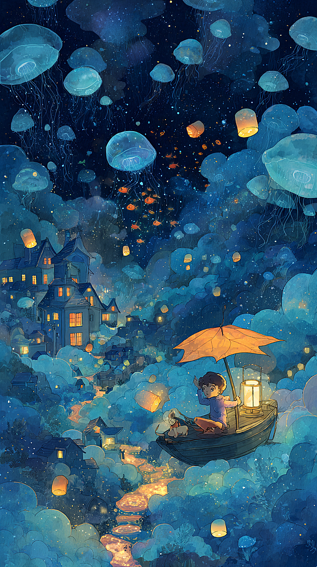 主题：萤火鱼与夜航船。在繁星点点的深蓝色夜空下，一片发着柔光的“云海”实际上是无数透明水母状的生物在漂浮。一个小孩乘坐着巨大的枫叶船，船头悬挂着灯笼，灯笼里游着一条散发温暖橙光的小鱼。前方，一群发光的荧光鱼排成蜿蜒的“光之路”，通向远处糖果色的小岛屋。风格：吉卜力工作室风格，手绘水彩质感，色彩柔和明亮，充满想象与童趣。画面氛围：梦幻、安心、冒险与归家感并存。