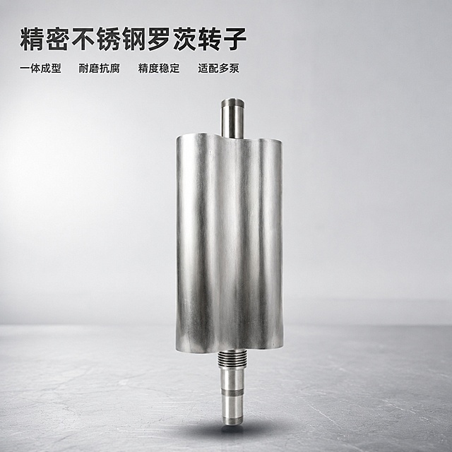 [主图-1] 罗茨转子首图展示，工业五金配件产品首图；[氛围风格] 专业工业质感，简洁稳重；[画质] 商业摄影质感、光线明亮通透、产品清晰真实、画面干净高级；[元素] 保持罗茨转子产品外观（物理结构、材质质感、颜色）与输入产品图绝对一致，杜绝任何变形和色差，精细化处理清理工业杂质。产品悬浮居中摆放，商品主体占比严格控制在70%左右；背景为浅灰色工业工作台，画面满屏无边框；[光影] 左侧为主光，柔光漫反射，金属边缘轮廓高光清晰，整体偏明快不压抑，明暗层次自然；[配色] 主调银灰色金属质感，浅灰背景，对比清晰；[视角构图] 平视正面，产品完整居中，景深适中；[文字版式] 左上左对齐留安全边距，大字主文案写“精密不锈钢罗茨转子”，深灰粗体最大号；下方四个亮点短句“一体成型 耐磨抗腐 精度稳定 适配多泵”，均匀分开展示，字号缩小一半，保持深灰色；[输出要求] 1:1比例，文字清晰可辨，超高清商业摄影质感；[负向提示词] 变形，文字错乱，产品图模糊，背景杂乱，水印，电商平台Logo