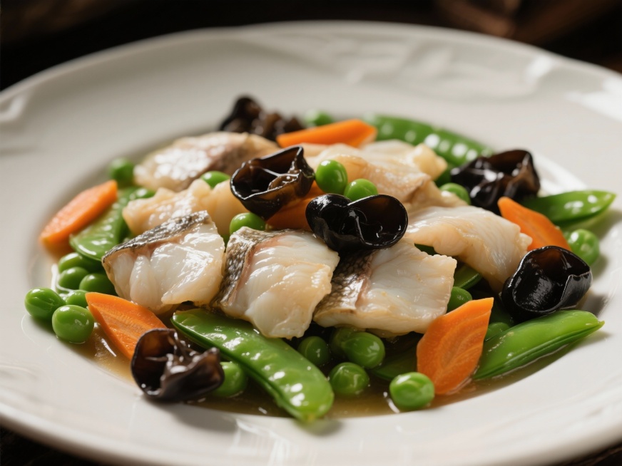 请画一盘糟溜鱼片的写真图，含鱼片、豌豆、黑木耳、胡萝卜片预览效果