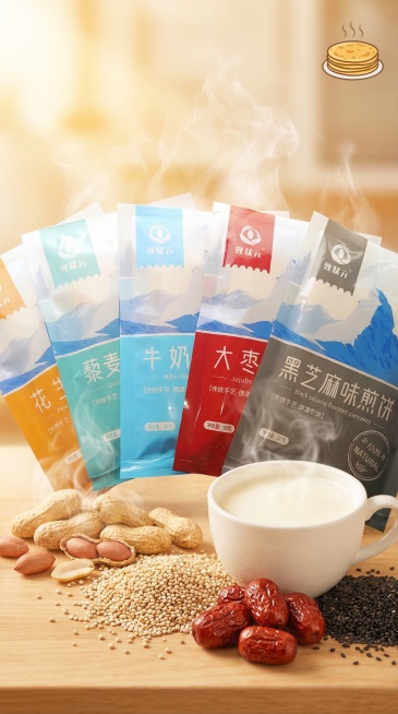这是五种口味的煎饼，将这张图片调亮并制作一个抖音商品图，根据煎饼的热销词添加素材预览效果
