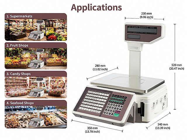 [第7屏] Versatile Application Scenarios. This screen uses [image1] as the product main body.
[氛围/风格] Multi-scenario display page, clean white background, professional commercial composition.
[元素布局] Product with dimension markings placed on the right side, showing complete dimensions. Left side four small thumbnail cards, each showing one application scenario with title. Product appearance, size structure consistent with original image.
[光影质感] Even soft lighting, product dimension lines clear, scenario thumbnails bright, overall visual clean.
[配色色系] Background #ffffff, scenario card title bar purple-brown #845a5c, dimension lines black.
[视角构图] Right large product dimension diagram, left four vertical scenario cards, clear layout.
[文字版式] Top main title "Applications", four scenarios: 1. Supermarkets, 2. Fruit Shops, 3. Candy Shops, 4. Seafood Shops, each scenario has a thumbnail image and title, right side dimension markings with units (metric and inch). All English, labels clear readable.
[比例分辨率] 4:3 ratio, 1K resolution, clear readable text, high quality image.
[负向提示词] dimension wrong, product deformation, scenario blurry, Chinese characters, wrong units