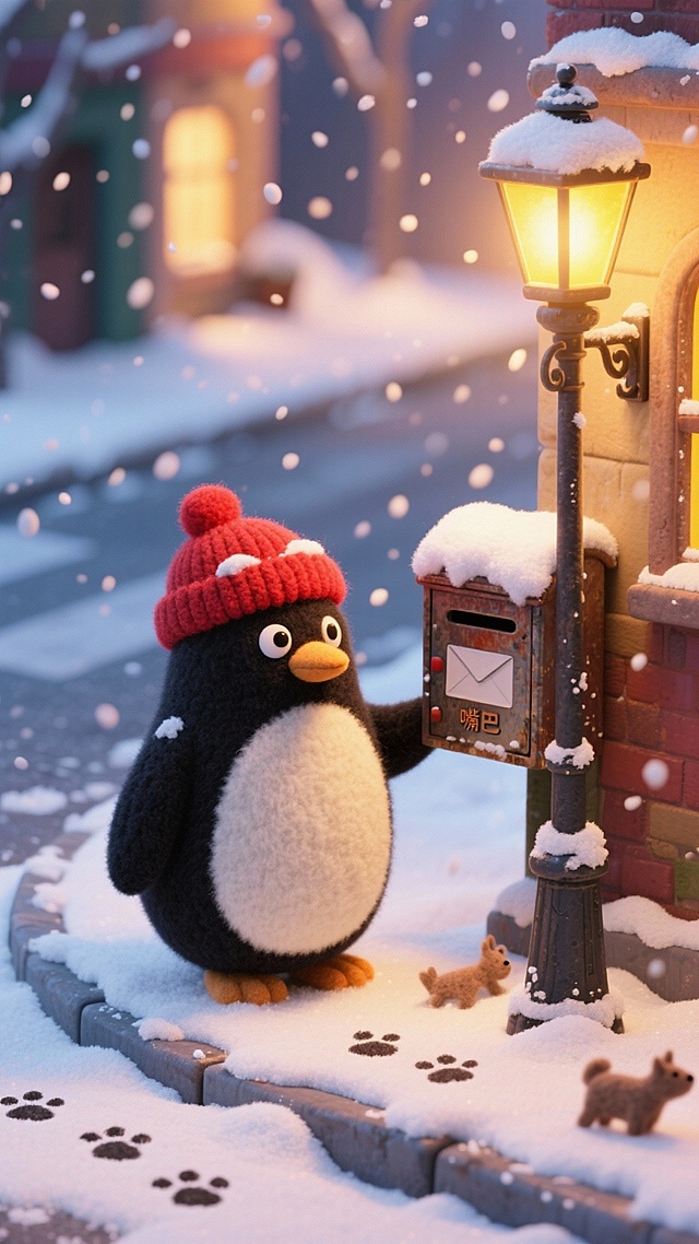 一个戴着红色针织帽的圆润黑色企鹅造型邮筒，立在街道拐角的积雪中。它的“嘴巴”是投信口，此刻正合着，帽子和背上积了一层软雪。邮筒旁边立着一个老旧的、结霜的铸铁路灯，洒下暖黄色的光晕，照亮了纷纷扬扬的雪花和地上几串小小的动物脚印。