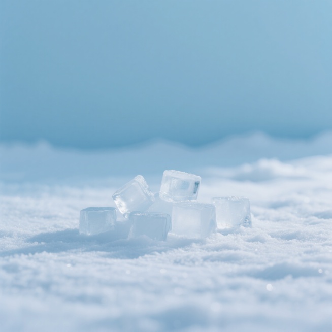 浅蓝色的高清背景，柔和的光线，雪白的地面，地面上无序地堆放着几块小冰块，冰块晶莹剔透，整体画面清新自然预览效果