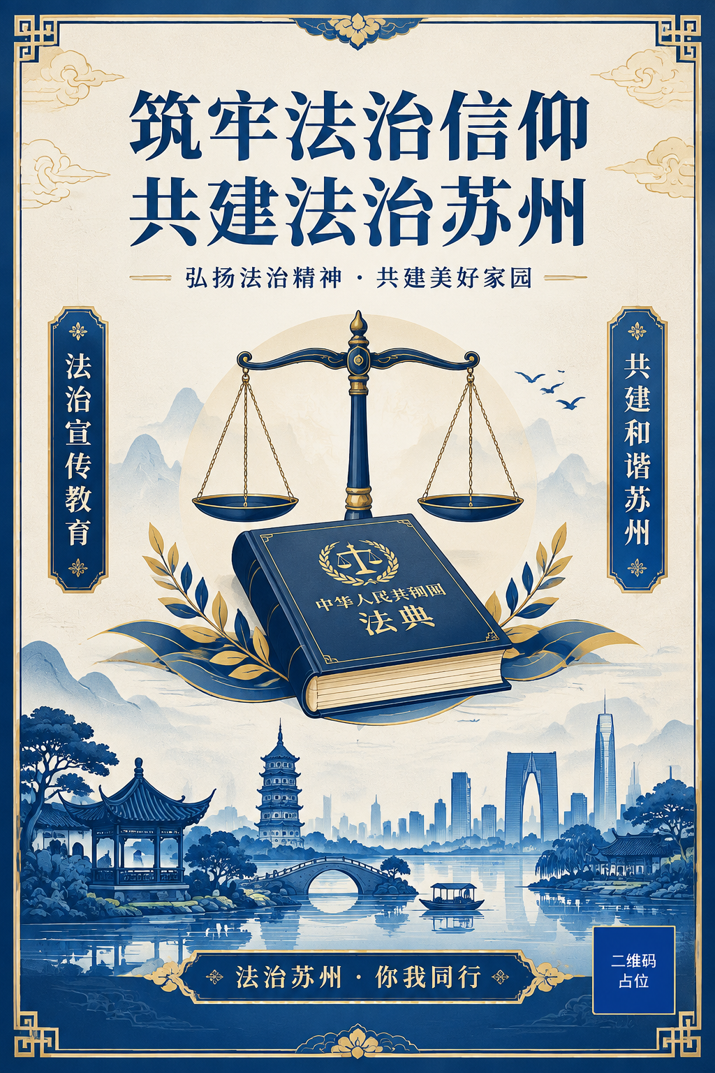 学院风法治主题海报，竖版构图。画面中央偏上位置是主标题"筑牢法… - 图片创意预览