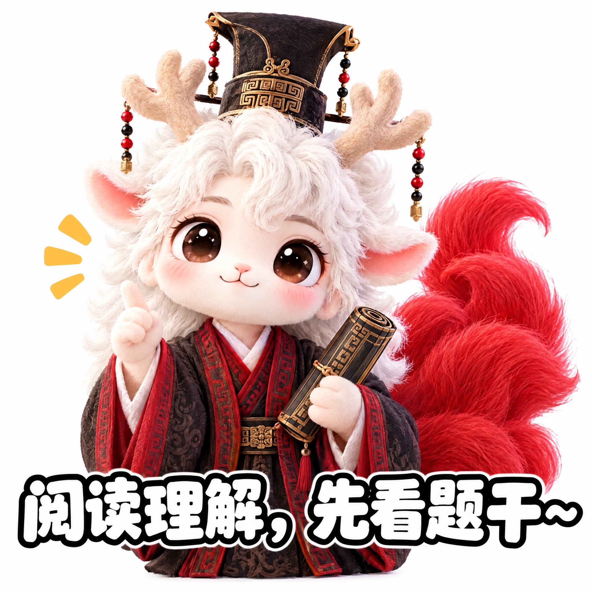 参考图中的白色鹿角人形神兽（穿黑红汉服、戴高冠、手持书卷），做… - 图片创意预览