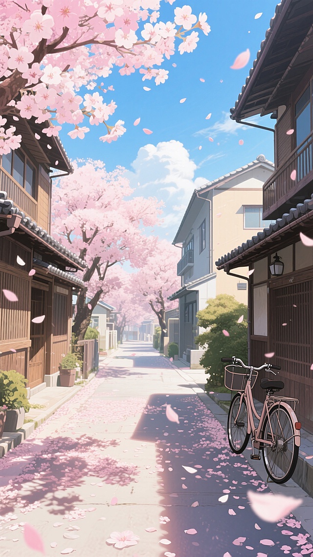 阳光明媚的夏日午后，一条被茂密樱花树环绕的宁静街道，两侧是融合了传统日式木质结构与现代简约风格的建筑，粉色的樱花花瓣随风飘落，铺满地面和建筑的屋檐，天空湛蓝，飘着几朵洁白的云，阳光透过樱花树的缝隙洒下斑驳的光影，街道上没有行人，只有一辆复古的自行车停靠在路边，空气中弥漫着淡淡的樱花香气，整体呈现出温暖、浪漫而宁静的氛围，画面细节丰富，色彩清新明快，光影效果柔和自然，具有浓厚的日式动画风格。