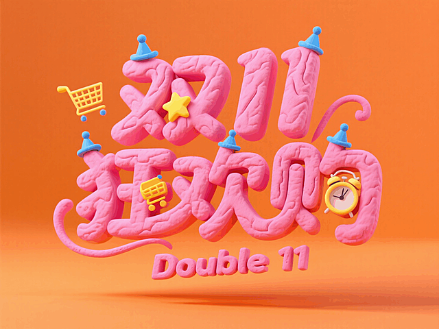 带有手工压痕的粘土风格。粉色"双11 狂欢购”漂浮在空中，英文“Double 11”，字体上装饰黄色星星、购物车、闹钟，头戴蓝色小帽。橙色背景