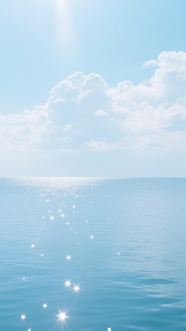 近景镜头，一片澄澈无波的淡蓝色海面占据画面三分之二，其上均匀分布着细碎光斑如粼粼星光，远处天际线处轻柔白色云朵漂浮，阳光透过云层在海面上方形成极淡光晕，整体画面干净且符合现实逻辑，以淡蓝色为主调营造宁静清新背景。
