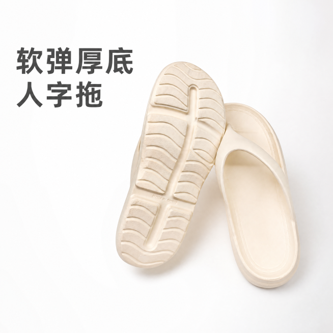 [主图-1] 米白色厚底人字拖成双摆拍展示首图
[氛围风格] 高级感松弛感，简约干净商业摄影
[画质] 商业摄影质感、光线柔和通透、产品清晰真实、画面干净高级
[元素] 保持人字拖外观（即物理结构、材预览效果