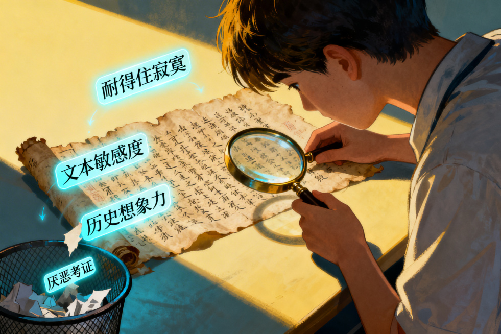 一位学生手持放大镜，细辨敦煌残卷上的文字。身旁浮起标签：“耐得住寂寞”“文本敏感度”“历史想象力”。角落阴影中，“追求快钱”“厌恶考证”等标签正被轻轻撕去，丢进废纸篓。预览效果