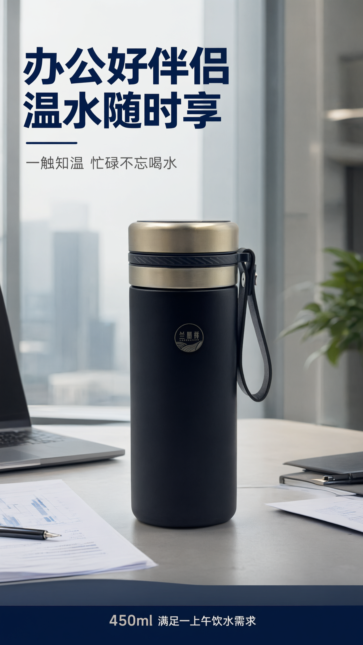 重新生成办公场景详情页，禁止出现人物。黑色保温杯放置在现代商务… - 图片创意预览