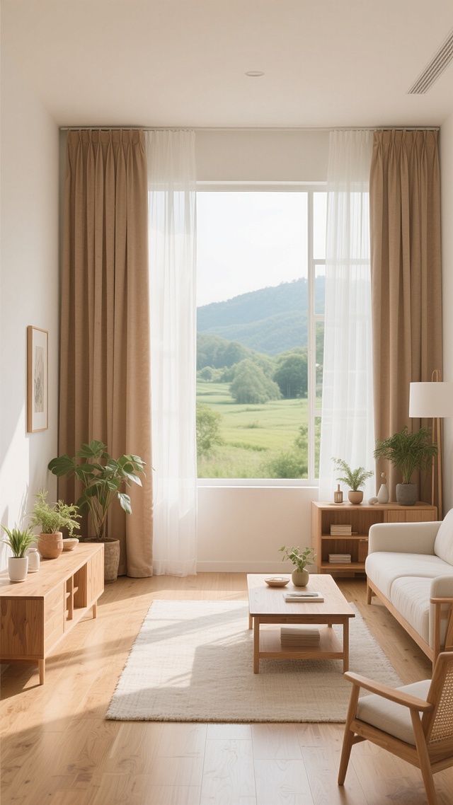 明亮通透的现代简约风格室内空间，柔和的自然光透过双层窗帘（外层米棕色遮光帘，内层白色纱帘）洒满整个房间，木质地板与浅色地毯相映成趣，房间内摆放着不同的原木色家具组合、绿植装饰和装饰品，整体色调采用温暖的米色、浅木色与白色搭配，营造出宁静舒适的居家氛围，窗外是开阔的绿色自然景观，光线充足，阴影柔和，细节丰富，质感细腻。