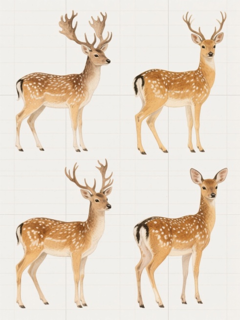 四只不同品种或造型的鹿，采用写实与水彩融合的艺术风格，鹿身呈现温暖的棕黄色调并点缀白色斑点，鹿角细节丰富且纹理清晰，整体姿态自然生动，以规整的网格排布于纯色背景之上，画面简约现代，无任何文字、logo及水印，光影柔和，色彩和谐，动物毛发质感细腻，笔触兼具水彩的透明晕染与写实的精准刻画。预览效果
