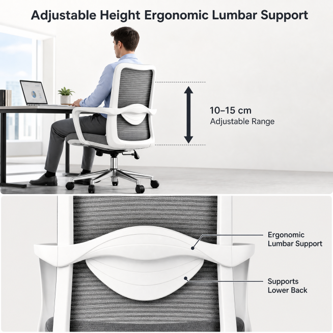 [主图4] Adjustable Height & Lumbar Support Ergonomic Introduction. The picture is divided into upper a预览效果
