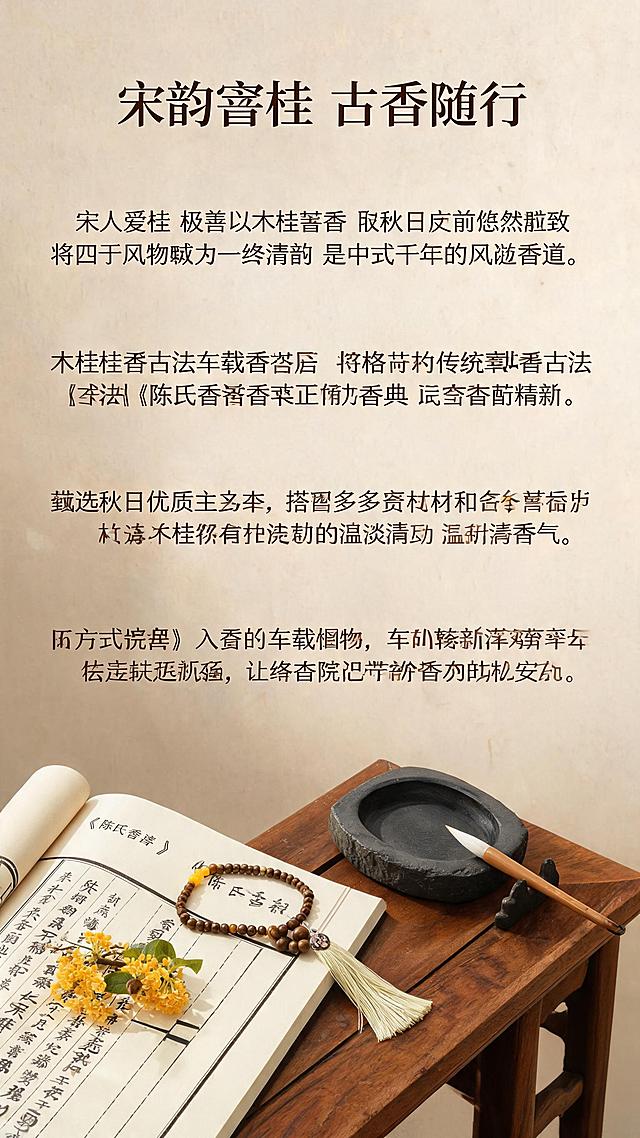 [主图-2] 木樨桂香古法车载香挂品名溯源古籍文脉图
[氛围风格] 宋韵古籍文脉 雅致书香 温润古朴
[画质] 商业摄影质感 光线柔和通透 产品清晰真实 画面干净高级 超高清细节
[元素] 古法车载香挂斜置于画面下方古朴木质案几上，保持产品外观与输入产品图一致。案几上摆放展开的古籍书页（隐约可见《陈氏香谱》《香乘》字样）、几枝干桂花、一方古砚、一支毛笔。背景为米黄色宣纸纹理墙面，营造古籍书房氛围。上方大面积负空间用于文字排版。商品主体占比约35%，画面满屏无边框。
[光影] 柔和暖光从右上方照射，在古籍书页和香挂上形成温润高光，阴影柔和自然，整体光线均匀通透，营造宋代书房静谧雅致的氛围。
[配色] 主色调米黄宣纸色 辅色沉香棕 古籍墨黑 桂花金
[视角构图] 俯视45度视角，案几物品为视觉中心，前中后景分层，景深中等，背景虚化突出主体与古籍元素。
[文字版式] 上方负空间居中对齐留安全边距。板块标题"宋韵窨桂 古香随行"为大号深棕色粗宋体，居中；正文文案分四段排列，为中号深棕色宋体，字号约为标题的50%，行间距宽松，左右留边距。内容：宋人爱桂 极善以木樨窨香 取秋日庭前悠然雅致 将四时风物凝为一缕清韵 是中式千年的风雅香道。木樨桂香古法车载香挂 严格沿袭宋时传统窨桂古法 香法载录于陈氏香谱香乘正统香典 承古法制香精髓。甄选秋日优质干桂为主香 搭配多重名贵香材和合窨制 褪去浓香艳韵 留存桂花独有的恬淡温柔温润清雅气息。将宋式极简风雅融入车载器物 随车摇曳释香 褪去旅途奔波浮躁 让每一段行车路途 都萦绕庭院秋香般的松弛安然。文字清晰可辨，不遮挡产品主体。
[输出要求] 9:16比例，文字清晰锐利，画面超高清商业摄影质感
[负向提示词] 变形 文字错乱 产品图模糊 背景杂乱 水印 电商平台Logo 多余的手 畸形手 人物面部扭曲