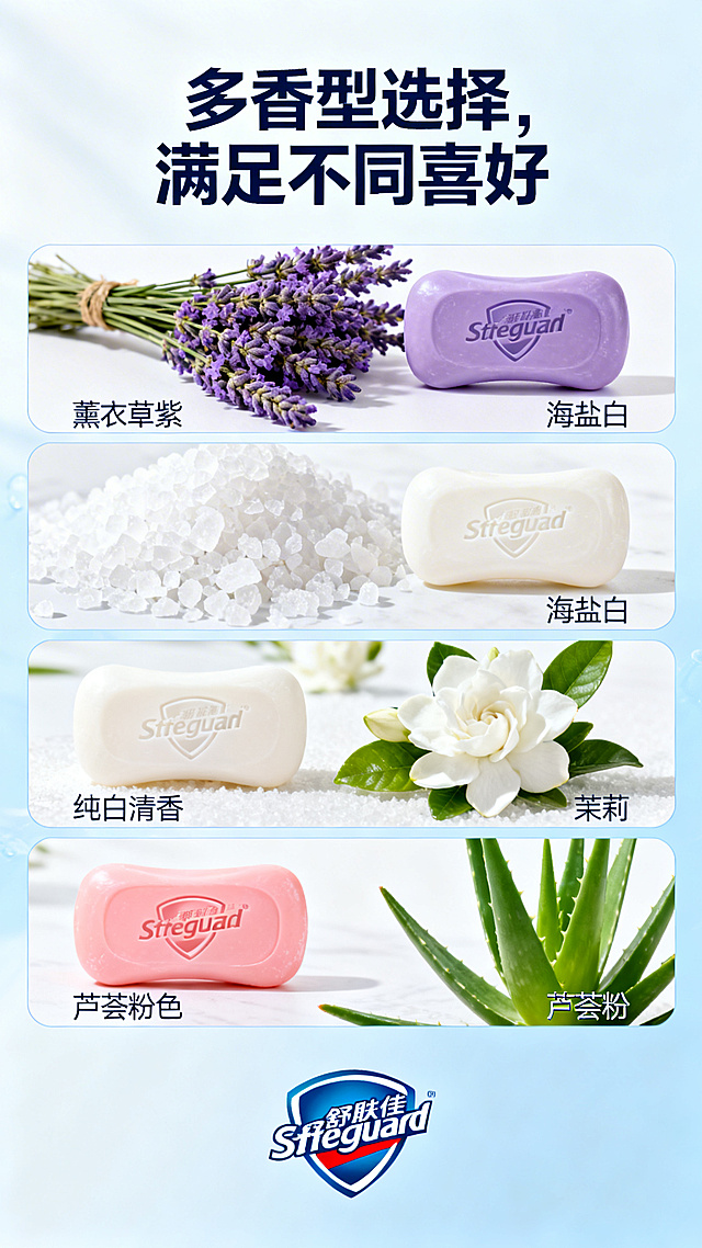 舒肤佳多香型香皂商品展示详情页，展示四种不同香型：薰衣草紫、海盐白、纯白清香、芦荟粉色，每款产品搭配对应香型元素图片，标题为"多香型选择，满足不同喜好"，排版清晰，干净清新风格，保留产品包装和品牌logo