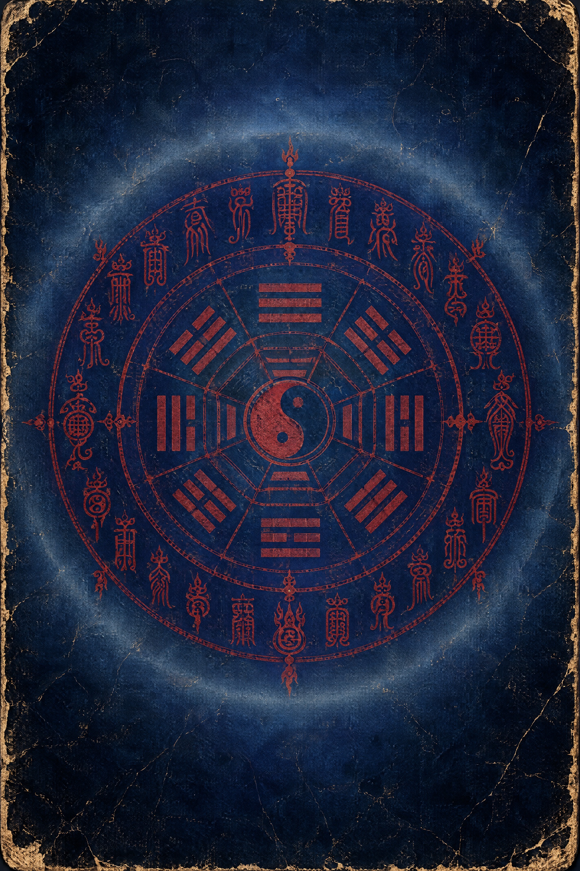 卡牌背面设计，冷调深蓝底色，复古做旧纸质质感，纸张有细微磨损和… - 图片创意预览