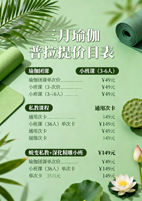 三月瑜伽普拉提价目表
瑜伽团课
瑜伽团课单次价......................................... ¥49元
瑜伽团课周卡........................预览效果
