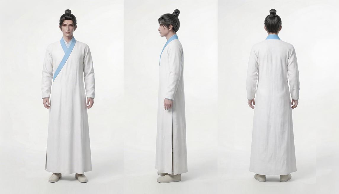 将图中角色的衣服调整为白色衣身搭配浅蓝色交领边缘的色彩搭配，参考第二张图的衣服配色预览效果